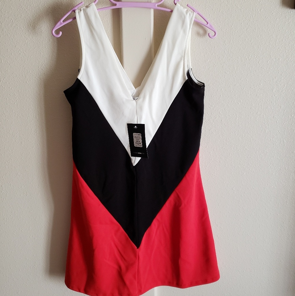 Red, black and white Fashion Nova shirt/dress.